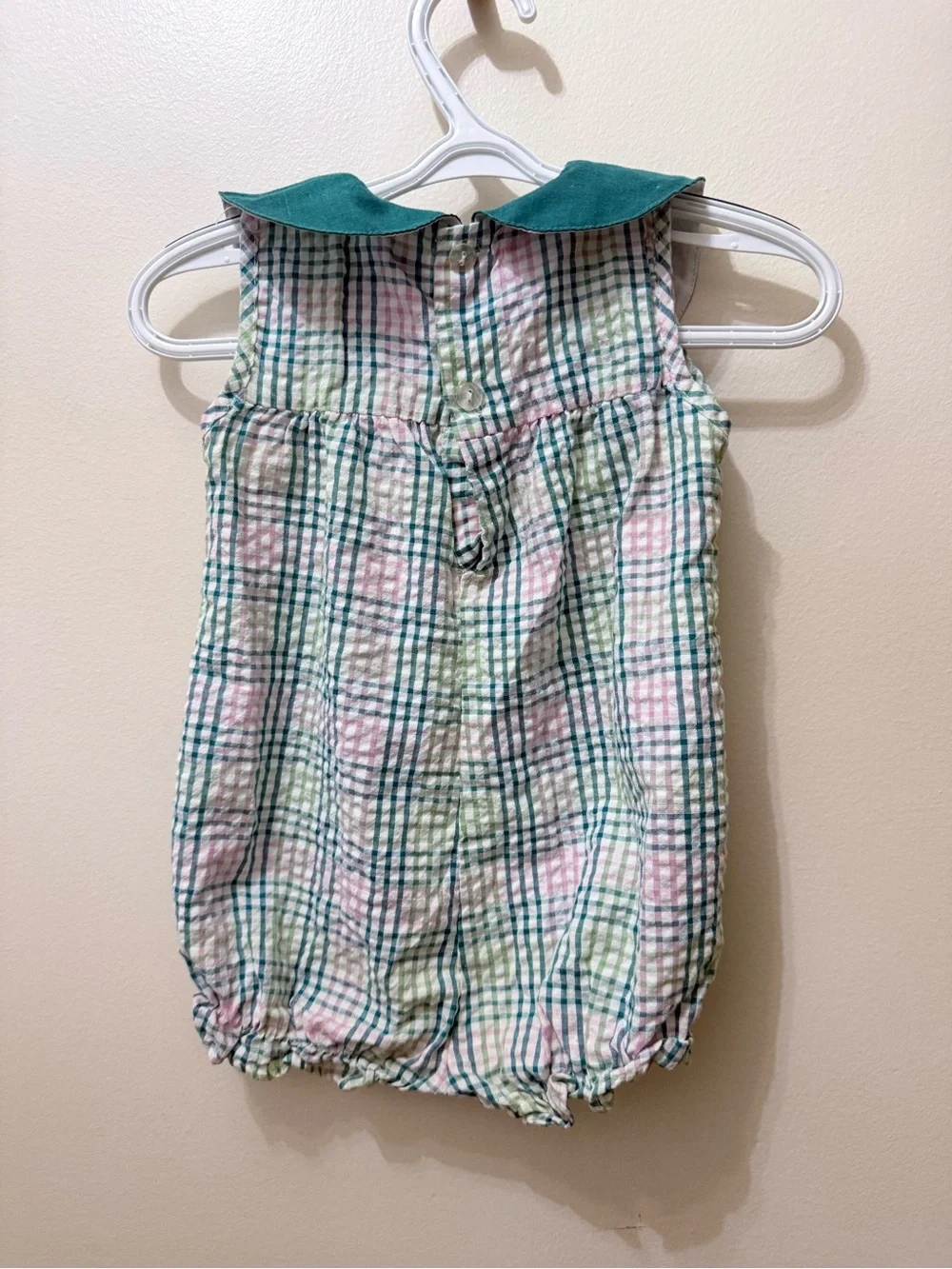 Vintage Y2K Seer Sucker Bubble Bibbed Romper Pastel Sea Beach Fish Embroidered 6